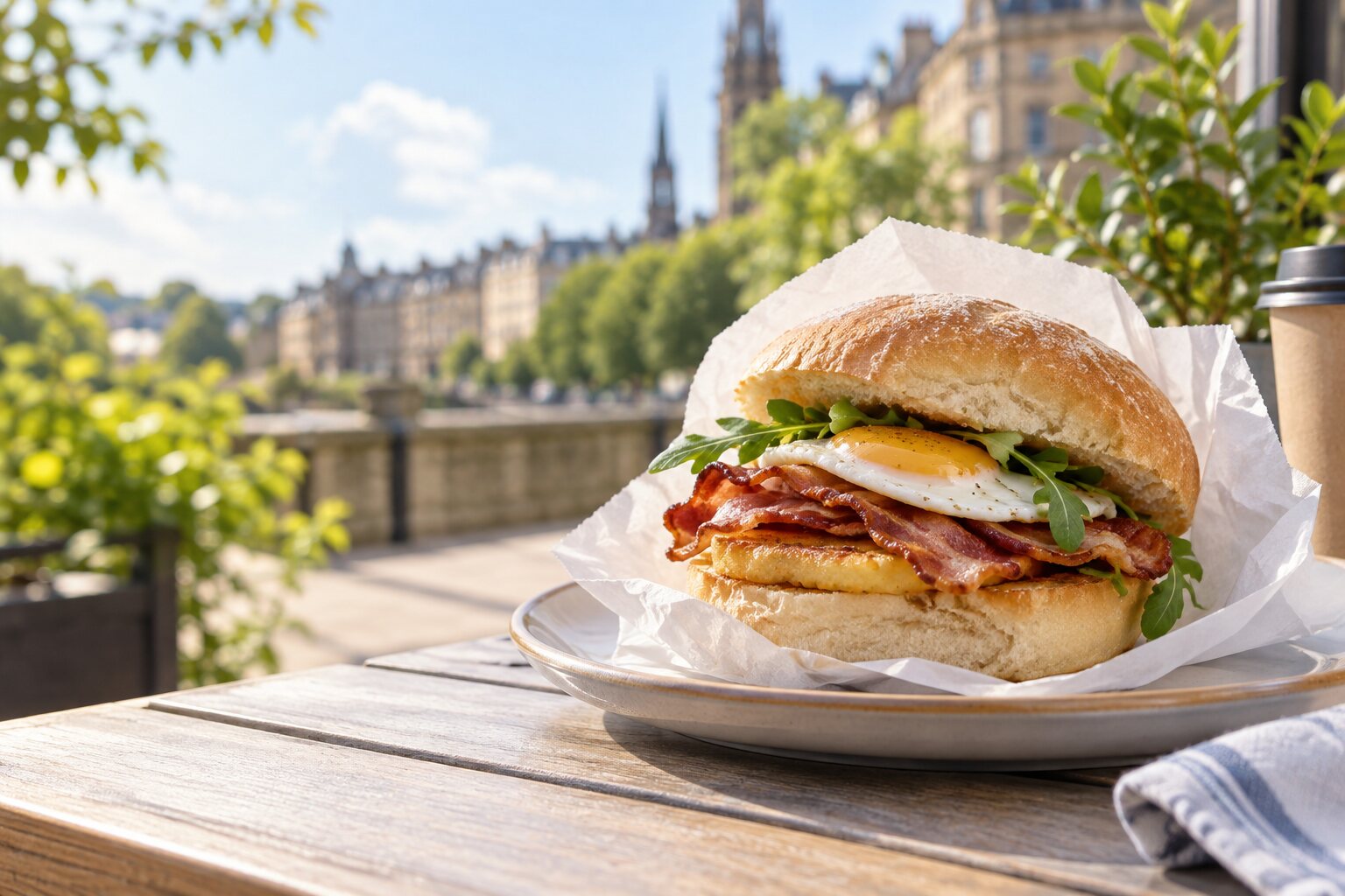A fresh breakfast roll enjoyed outdoors in natural daylight